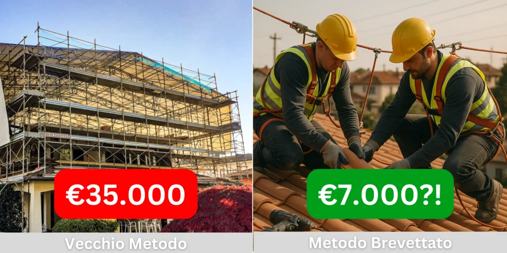 Riparazione del tetto con il sistema a linee vita, senza ponteggi